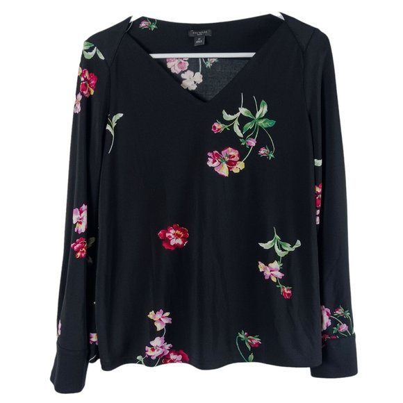 Ann Taylor Tops - Ann Taylor Petite Floral Long Sleeve Top V-Neck Button Cuff Black Size MP